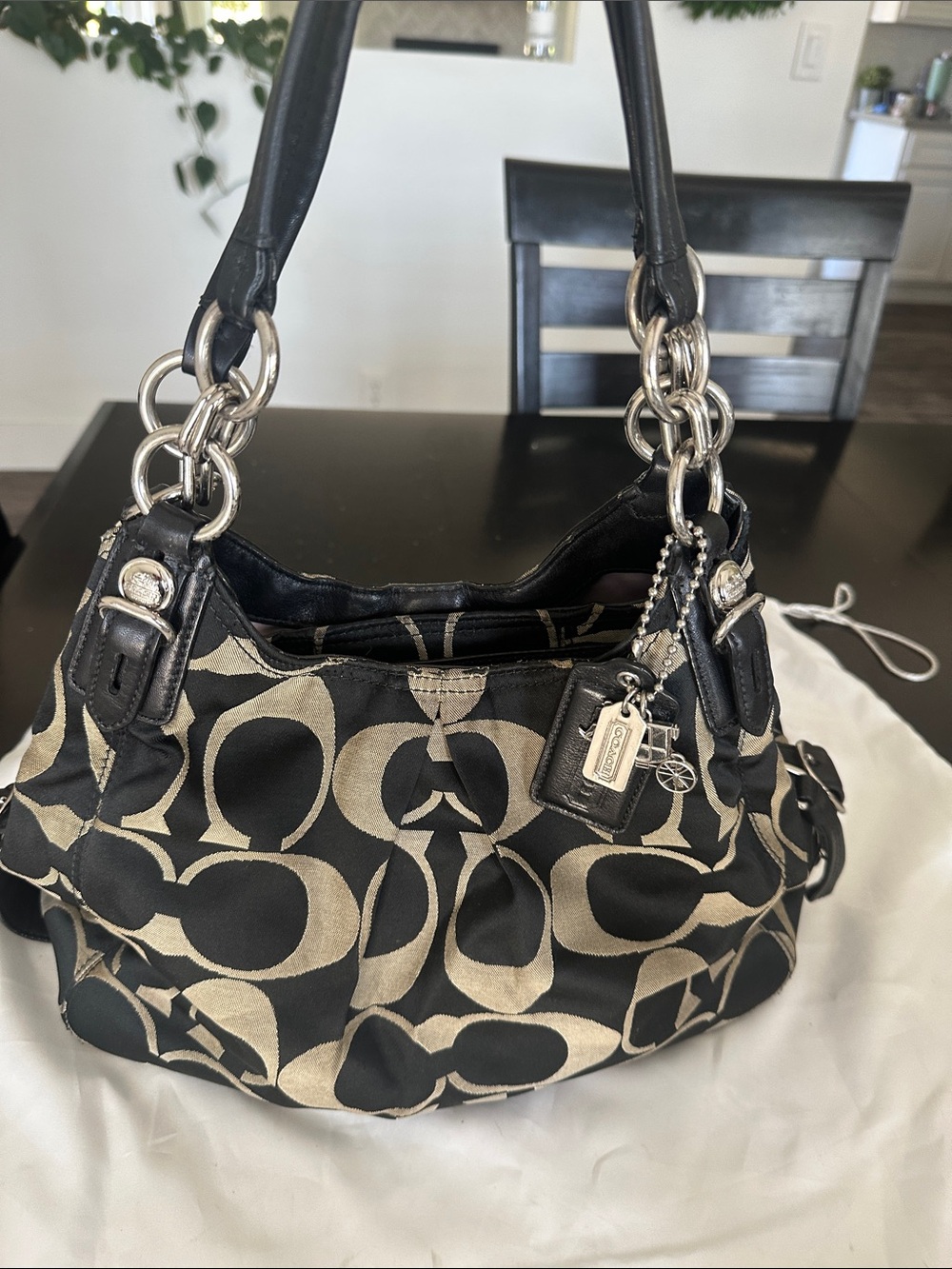 Coach Signature Shoulder Bag 16714 Black Khaki – Silver Hardware